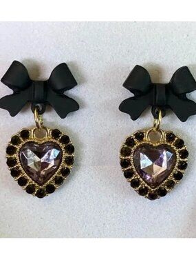 Earrings Black Crystal Heart Bow Dangle Drop Hollywood Glam Trendy Fun Stylish